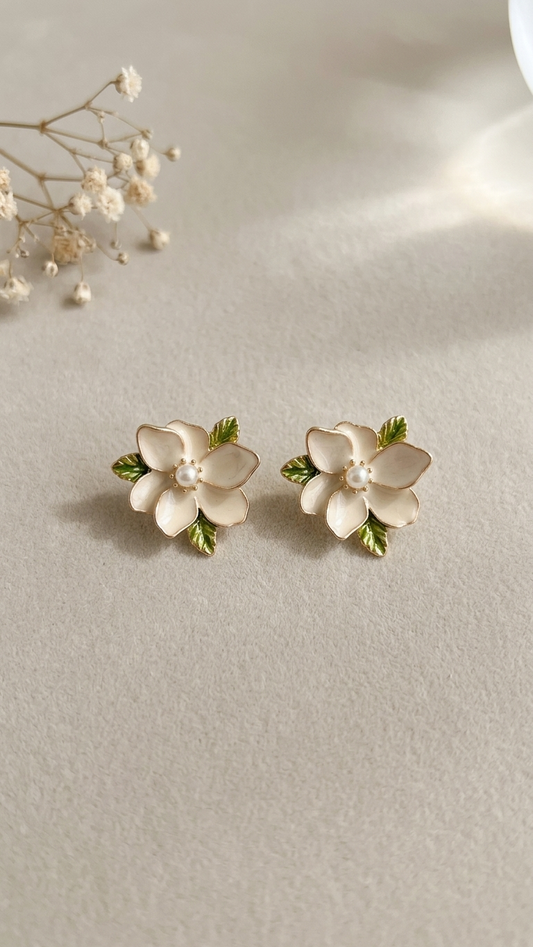 Cream Magnolia Enamel Studs earrings